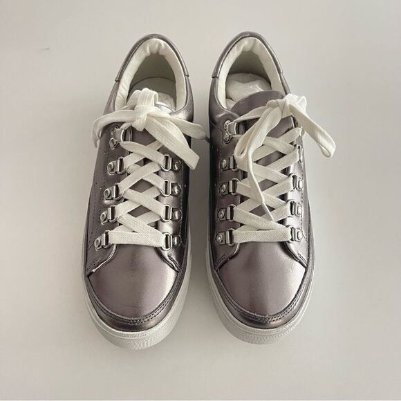 ALLSAINTS Womens Silver Metallic Quinn Round Toe Platform Leather Sneakers Shoes - Picture 3 of 10